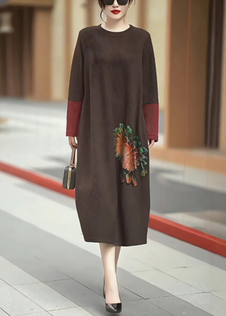 New Coffee O Neck Patchwork Knit Long Dress Winter