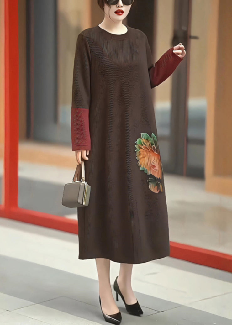 New Coffee O Neck Patchwork Knit Long Dress Winter