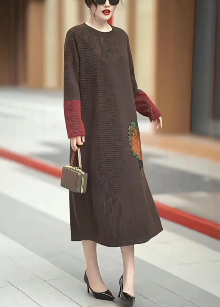 New Coffee O Neck Patchwork Knit Long Dress Winter