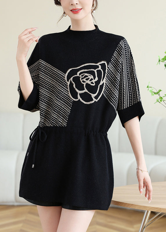 New Coffee O-Neck Print Drawstring Knit Top Spring