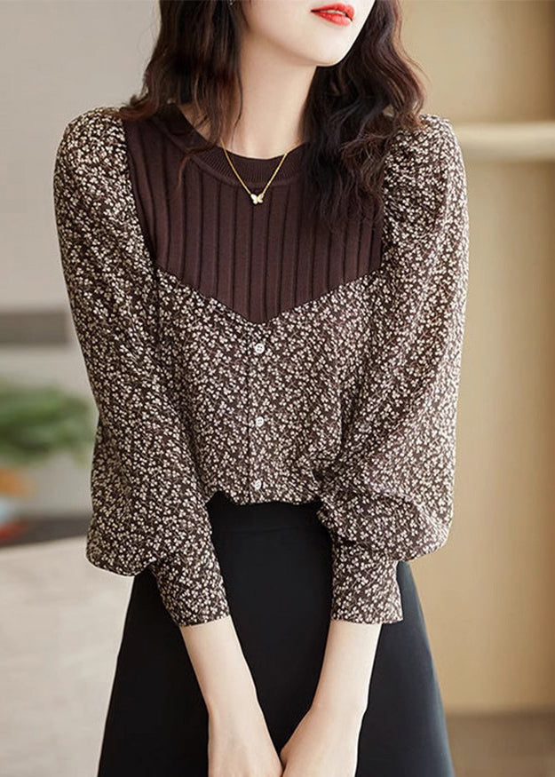 New Coffee O Neck Print Knit Patchwork Cotton Top Spring