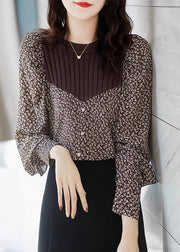 New Coffee O Neck Print Knit Patchwork Cotton Top Spring