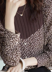 New Coffee O Neck Print Knit Patchwork Cotton Top Spring