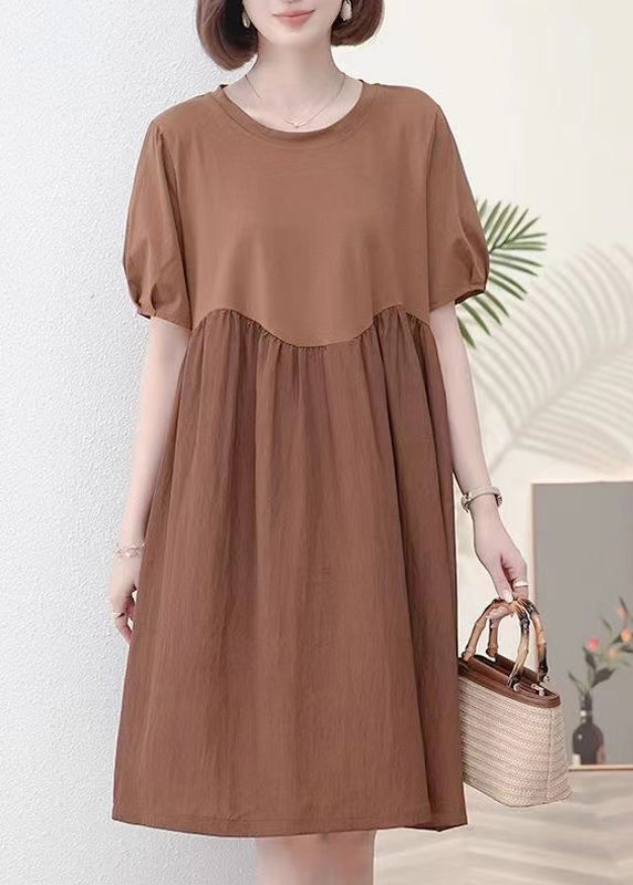 New Coffee O Neck Wrinkled Cotton Dress Short Sleeve