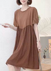 New Coffee O Neck Wrinkled Cotton Dress Short Sleeve