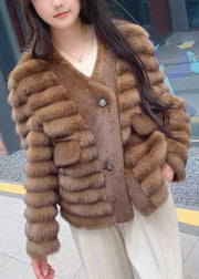 New Coffee Patchwork Leather And Fur Coats Spring