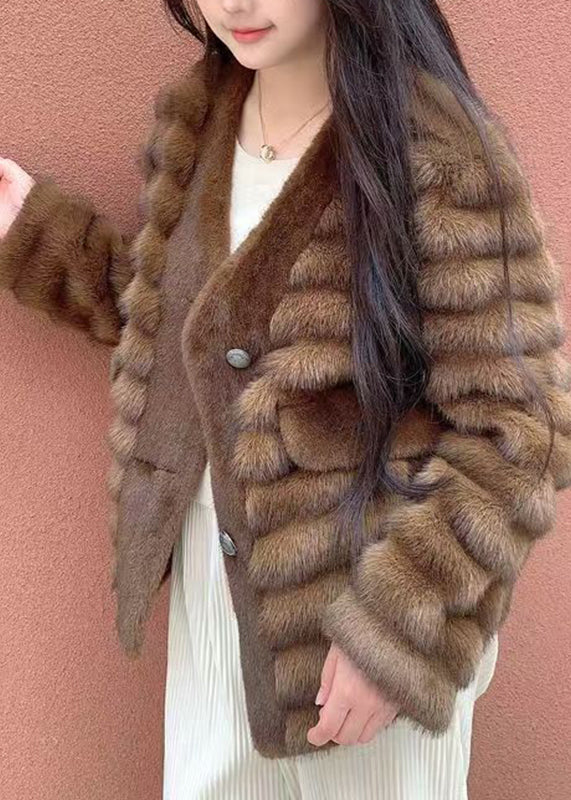 New Coffee Patchwork Leather And Fur Coats Winter