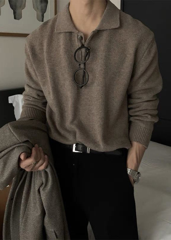 New Coffee Peter Pan Collar Button Knit Sweaters Men Spring