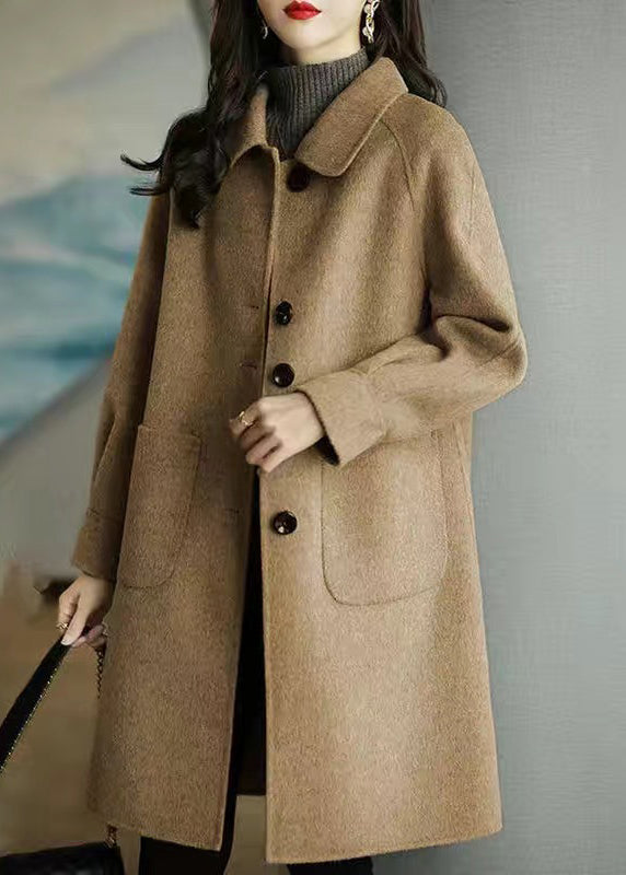 New Coffee Peter Pan Collar Fine Cotton Filled Pockets Woolen Coat Winter