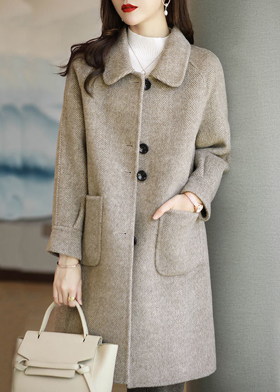 New Coffee Peter Pan Collar Fine Cotton Filled Pockets Woolen Coat Winter