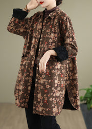 New Coffee Peter Pan Collar Pockets Print Warm Fleece Shirts Coat Spring