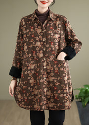 New Coffee Peter Pan Collar Pockets Print Warm Fleece Shirts Coat Spring