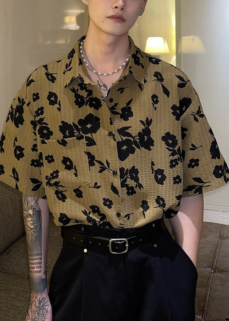 New Coffee Peter Pan Collar Print Men Hawaiian Shirts Summer