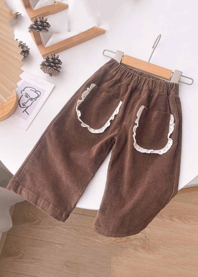 New Coffee Pockets Elastic Waist Corduroy Baby Crop Pants Spring