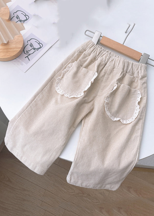 New Coffee Pockets Elastic Waist Corduroy Baby Crop Pants Spring