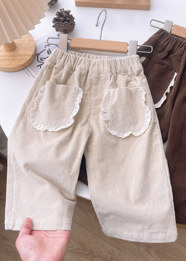 New Coffee Pockets Elastic Waist Corduroy Baby Crop Pants Spring