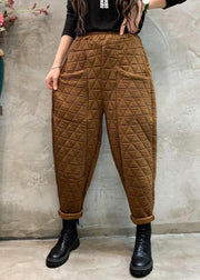 New Coffee Pockets Elastic Waist Cotton Filled Harem Pants Winter