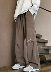 New Coffee Pockets Elastic Waist Warm Fleece Men Pants Spring