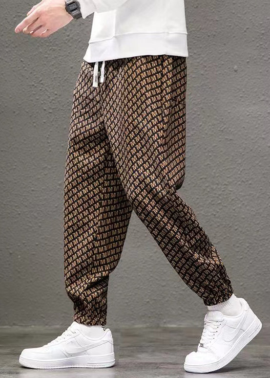 New Coffee Print Pockets Elastic Waist Cotton Mens Pants Spring