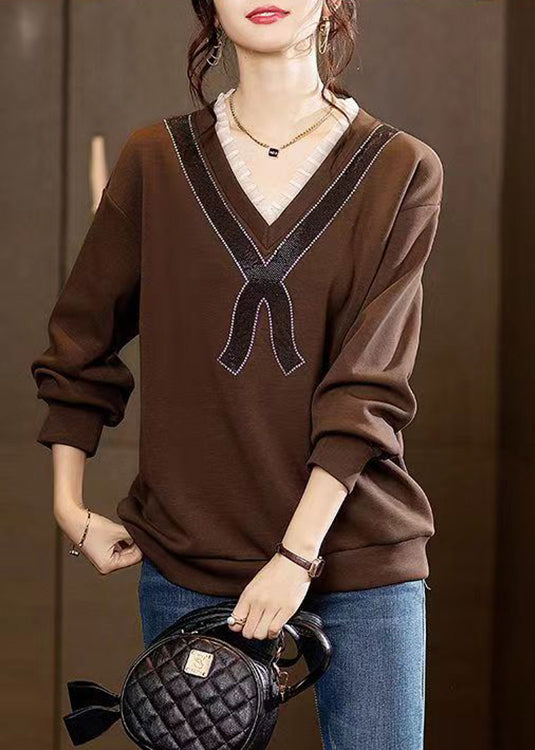 New Coffee Ruffled Zircon Patchwork Cotton Sweatshirt Fall