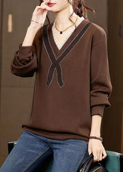 New Coffee Ruffled Zircon Patchwork Cotton Sweatshirt Fall