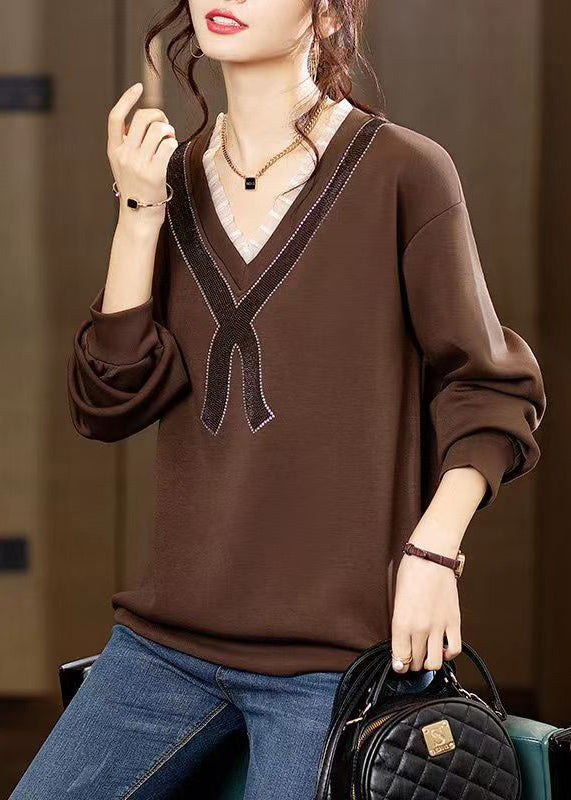 New Coffee Ruffled Zircon Patchwork Cotton Sweatshirt Fall