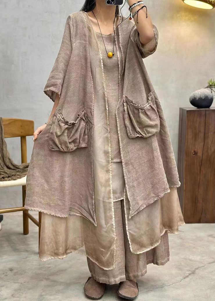 New Coffee Solid Pockets Cotton Cardigan Summer