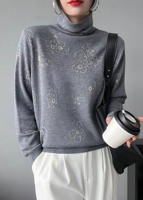 New Coffee Turtleneck Print Cotton Knit Sweaters Fall