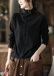 New Coffee Turtleneck Ruffled Patchwork Cotton Top Long Sleeve