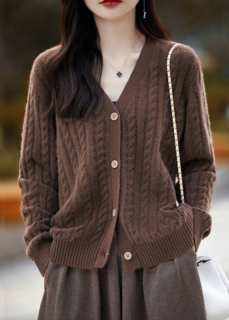 New Coffee V Neck Button Woolen Knit Cardigans Fall