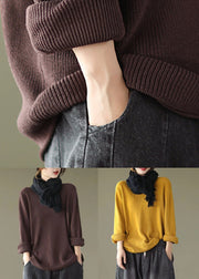 New Coffee V Neck Cozy Knitting Cotton Top Long Sleeve