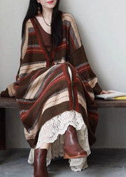 New Coffee V Neck Striped Button Patchwork Cozy Knit Loose Coat Fall