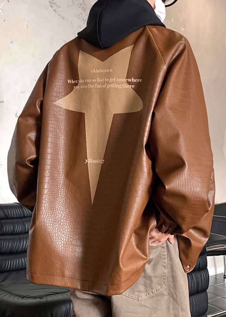 New Coffee Zip Up Print Drawstring Faux Leather Men Coat Spring