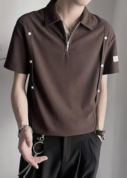 New Coffee Zip Up Solid Cotton Men Polo Shirt Summer