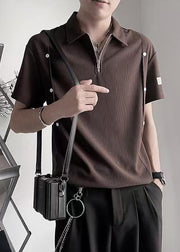 New Coffee Zip Up Solid Cotton Men Polo Shirt Summer