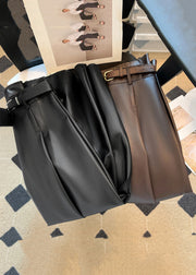 New Coffee Zippered High Waist Faux Leather Skirt Winter