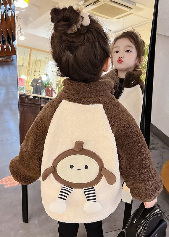 New Coffee Zippered Pockets Patchwork Fluffy Girls Coat Long Sleeve