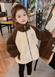 New Coffee Zippered Pockets Patchwork Fluffy Girls Coat Long Sleeve