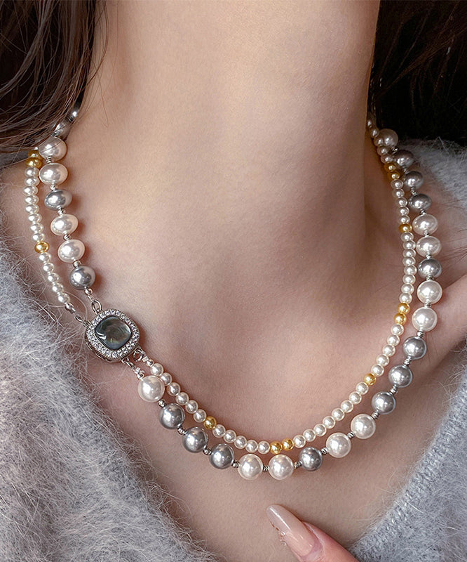 New Colorblock Alloy Zircon Double Layer Pearl Gratuated Bead Necklace