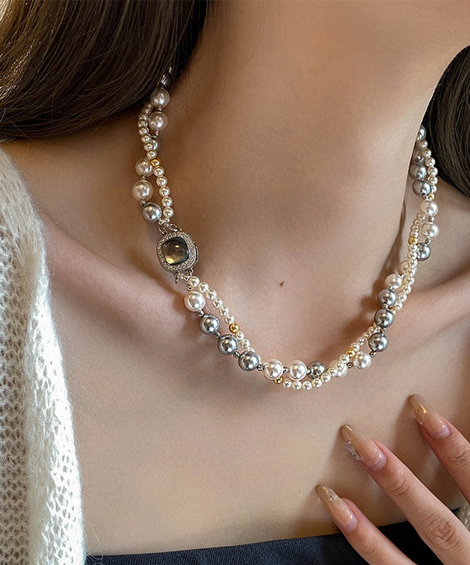 New Colorblock Alloy Zircon Double Layer Pearl Gratuated Bead Necklace