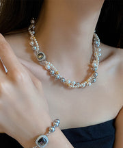 New Colorblock Alloy Zircon Double Layer Pearl Gratuated Bead Necklace