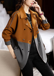 New Colorblock Peter Pan Collar Button Patchwork Cotton Coat Fall