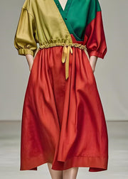 New Colorblock Pockets Patchwork Cotton Long Dress Summer