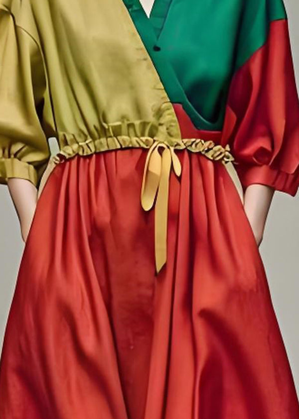 New Colorblock Pockets Patchwork Cotton Long Dress Summer
