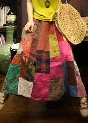 New Colorblock Print High Waist Patchwork Linen Skirt Summer