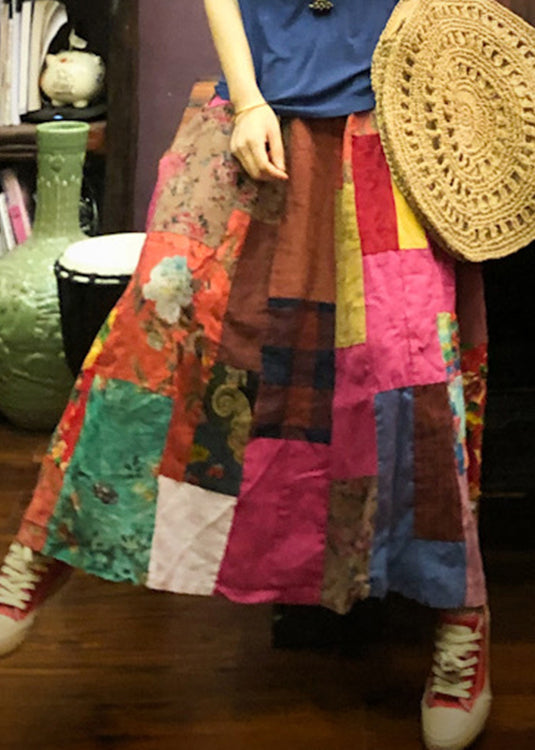 New Colorblock Print High Waist Patchwork Linen Skirt Summer