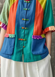 New Colorblock Ruffled Pockets Chinese Button Cotton Blouses Summer