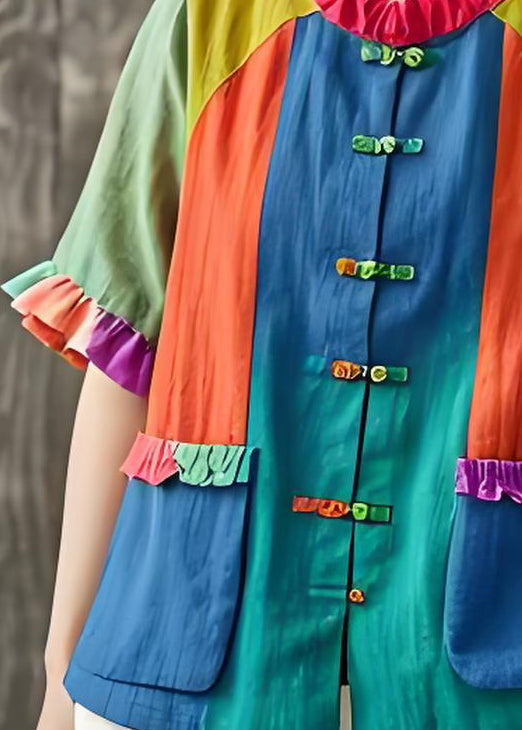 New Colorblock Ruffled Pockets Chinese Button Cotton Blouses Summer