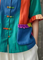 New Colorblock Ruffled Pockets Chinese Button Cotton Blouses Summer