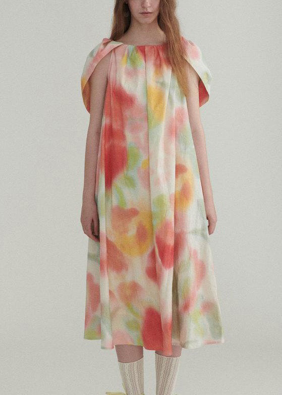 New Colorblock Ruffled Print Linen Dress Summer